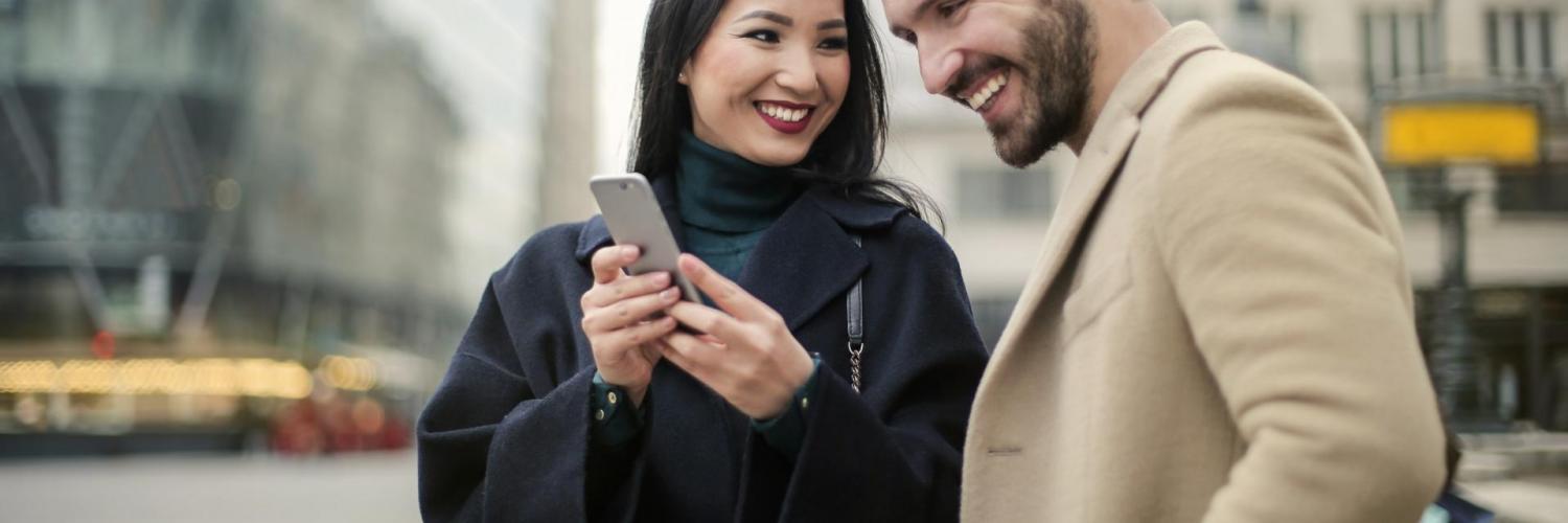 couple, smile, phone