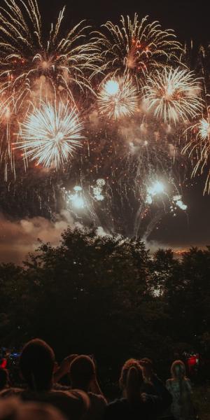 orange fireworks with people watching