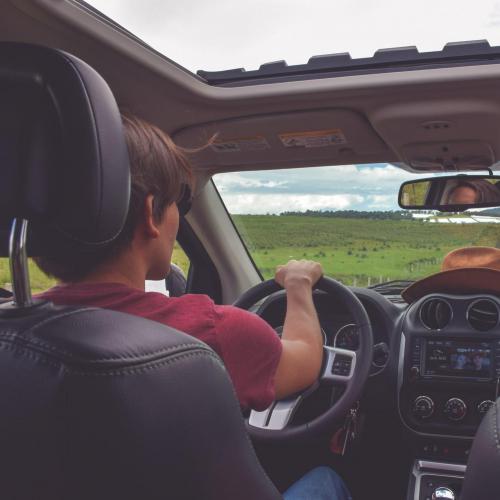 Driver with hat on dashboard